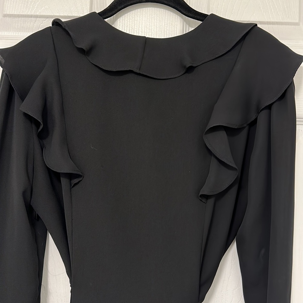 Parker Black SURPLICE TIE FRONT COCKTAIL 🍸 long sleeve Mini DRESS size 2 🏖️ - Picture 8 of 12